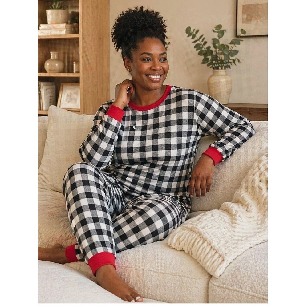 Hanna Andersson Buffalo Check Pajama Set Womens Medium Organic Cotton‎ Red Black